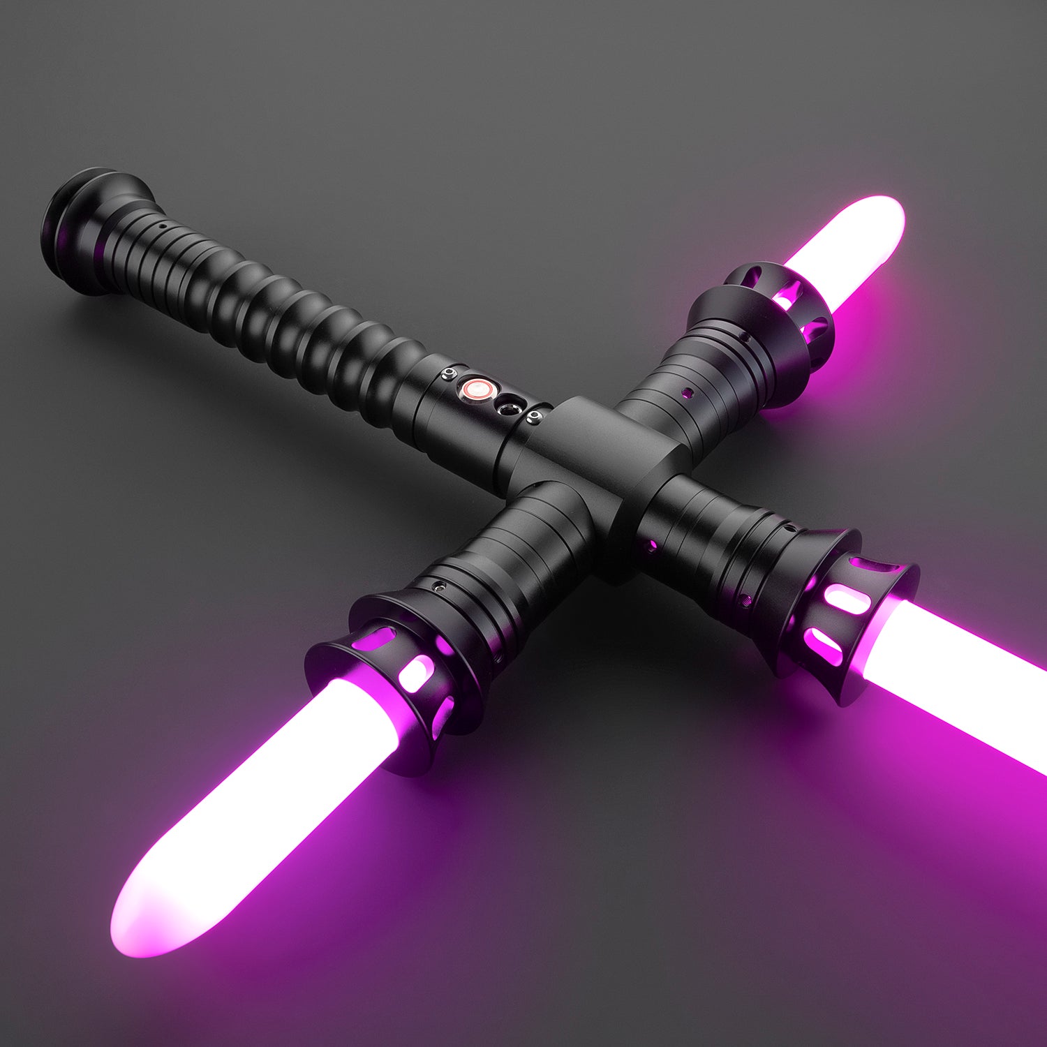 Sleek Crossguard Light Saber resting on a metallic surface - Battle Sabers